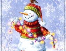Снеговик с гирляндами анимированным снегом
